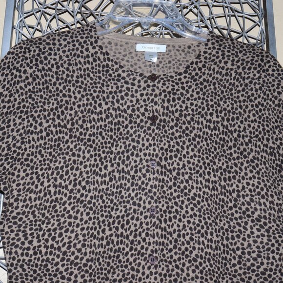 Garnett Hill Medium Button Up Brown and Taupe Cheeta Print Cardigan - Picture 3 of 4